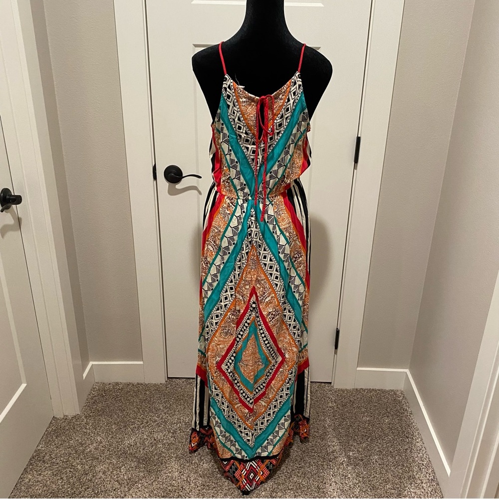 Sweet Wanderer Red and Green Patterned Maxi Dress